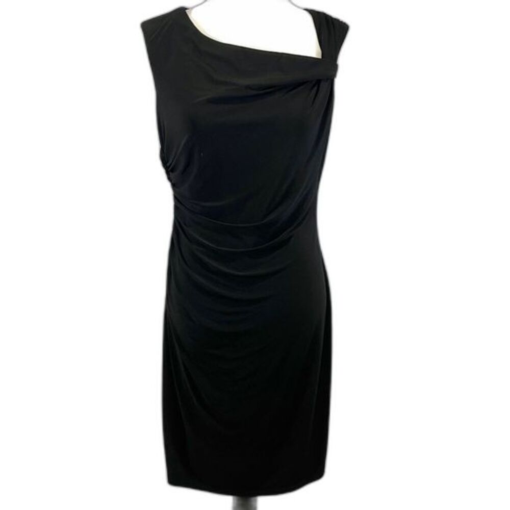Ronni Nicole black asymmetrical neck ruched dress size 10